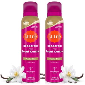 Lume Sweat Control Deodorant Spray. 2 pk (Vanilla Bliss) | 72 Hour Odor Sweat Control Aluminum Free Baking Soda Paraben Whole Body