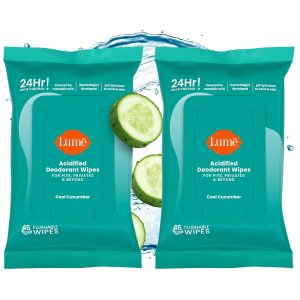 Lume Acidified Deodorant Wipes - 45 ct. 2 pk (Cool Cucumber) | 24-Hour Odor Control. Aluminum. Baking Soda & Paraben Free. Flushable Whole-Body Deodorant Wipes for Women