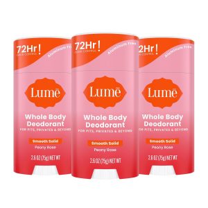 Lume Whole Body Deodorant - Solid Stick - 2.6 oz. 3 pk (Peony Rose) | 72 Hour Odor Control Aluminum Free Baking Soda deodorant women underarms private parts