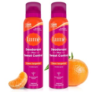 Lume Antiperspirant Spray Baking Soda Free. 2 pk (Clean Tangerine) | 72-Hour Odor & Sweat Control. Whole-Body Deodorant Spray for Women