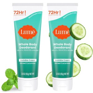 Lume Whole Body Deodorant - Cream Tube - 3 oz. 2 pk (Minted Cucumber) | 72 Hour Odor Control Aluminum Free Baking Soda Skin Safe deodorant lotion women full body