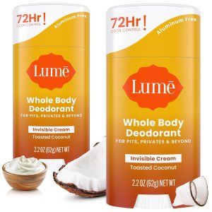 Lume Whole Body Deodorant - Cream Stick - 2.2 oz. 2 pk (Toasted Coconut) | 72 Hour Odor Control Aluminum Free Baking Soda Skin Safe Feet deodorant lotion women