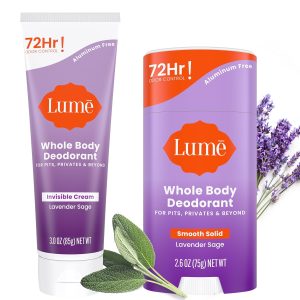 Lume Whole Body Deodorant Cream Tube. Solid Stick - 3oz and 2.6oz Lavender | 72-Hour Odor Control. Aluminum & Baking Soda Free. Skin-Safe. Whole-Body Deodorant for Women
